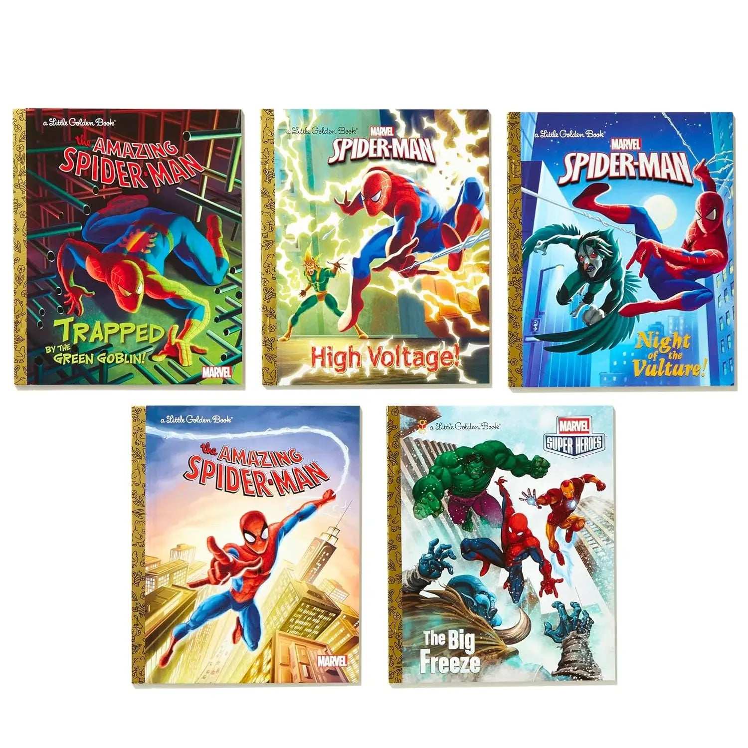 Spider-Man Little Golden Book Library (Marvel): Spider-Man!; Trapped by the Green Goblin; The Big Freeze!; High Voltage!; Night of the Vulture! - Olleke Wizarding Shop Amsterdam