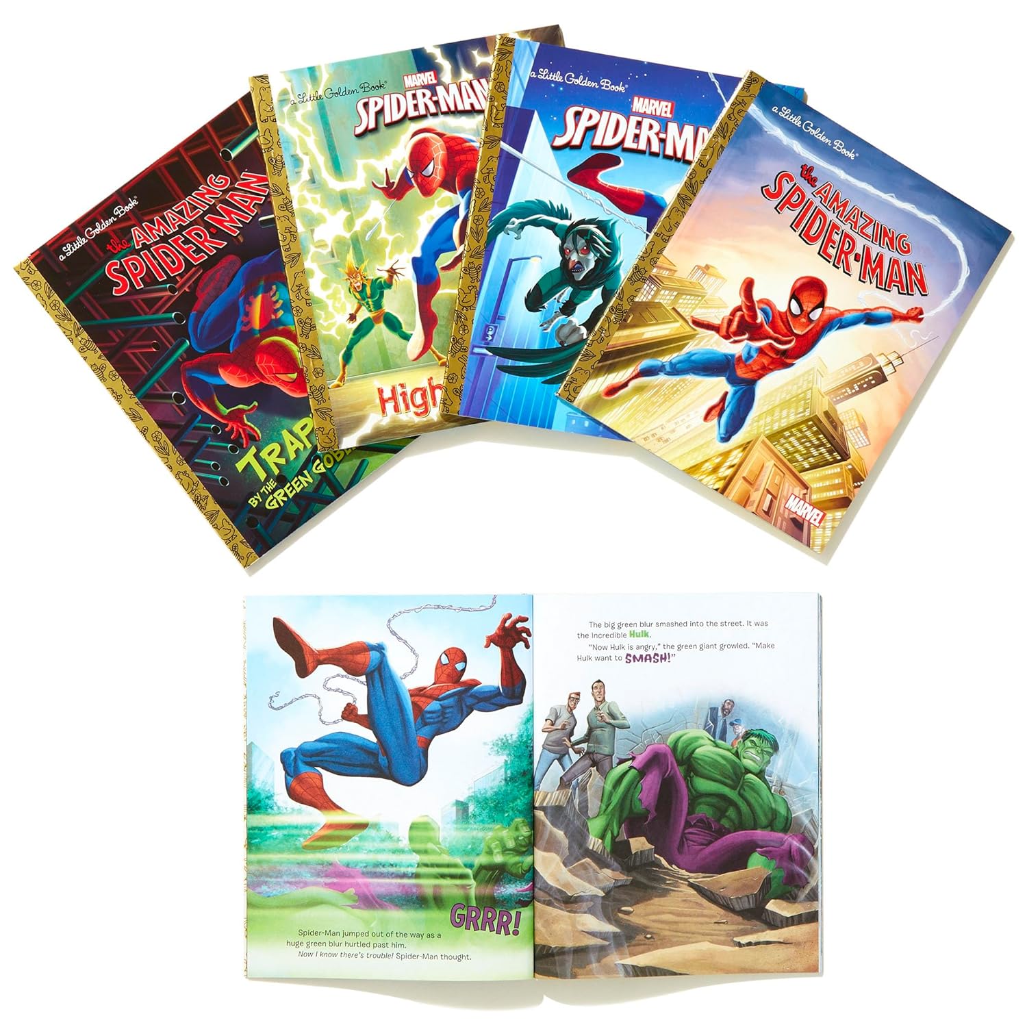 Spider-Man Little Golden Book Library (Marvel): Spider-Man!; Trapped by the Green Goblin; The Big Freeze!; High Voltage!; Night of the Vulture! - Olleke Wizarding Shop Amsterdam
