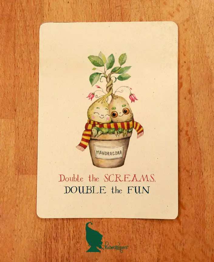 Colorful stationary set called Double the Screams, Double the Fun by Kabouterpers featuring playful designs and multiple pens and notebooks.