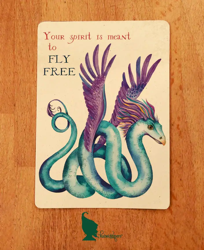Decorative stationary set titled "Your spirit is meant to fly free" by Kabouterpers, featuring colorful paper and artistic design.