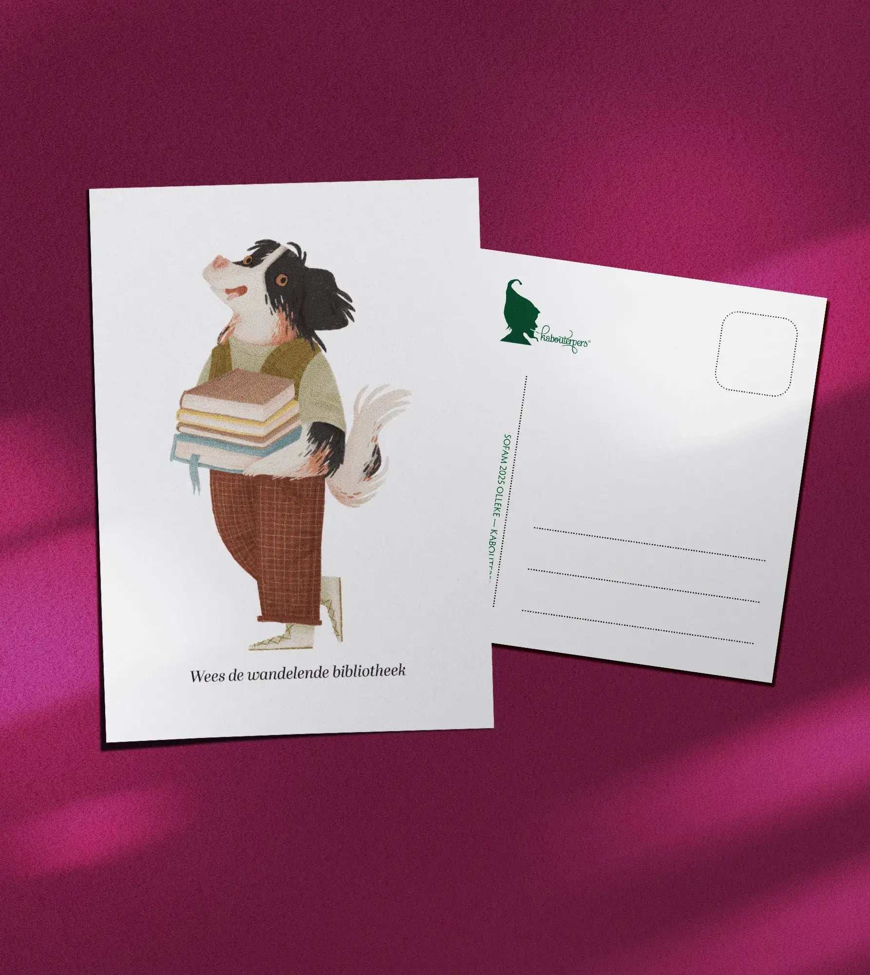 Booklover postcard Wees de wandelende bibliotheek - Olleke Wizarding Shop Amsterdam
