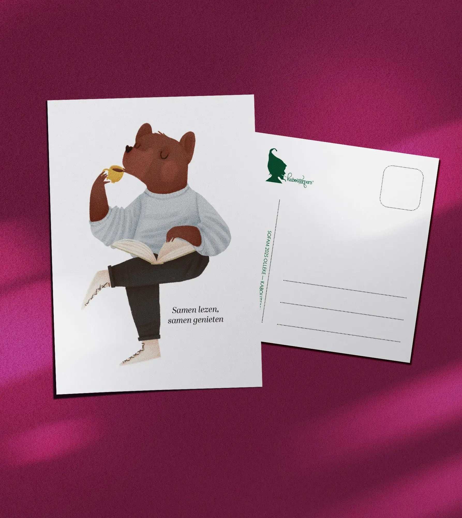 Booklover postcard Samen lezen, samen genieten - Olleke Wizarding Shop Amsterdam