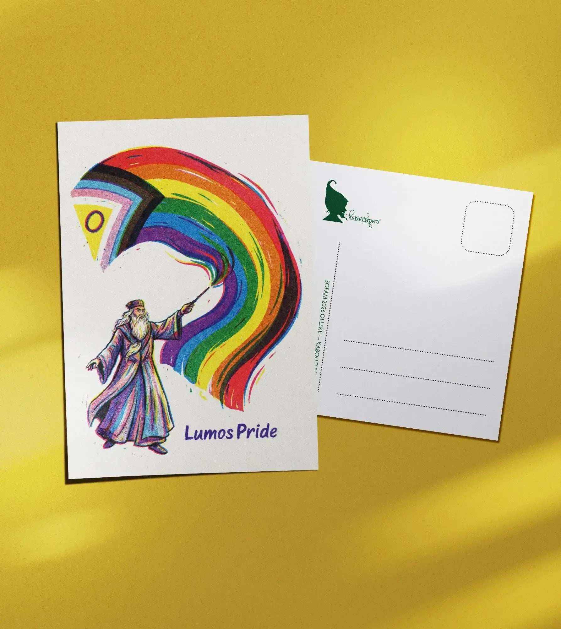 Worldpride postcard Lumos Pride - Olleke Wizarding Shop Amsterdam