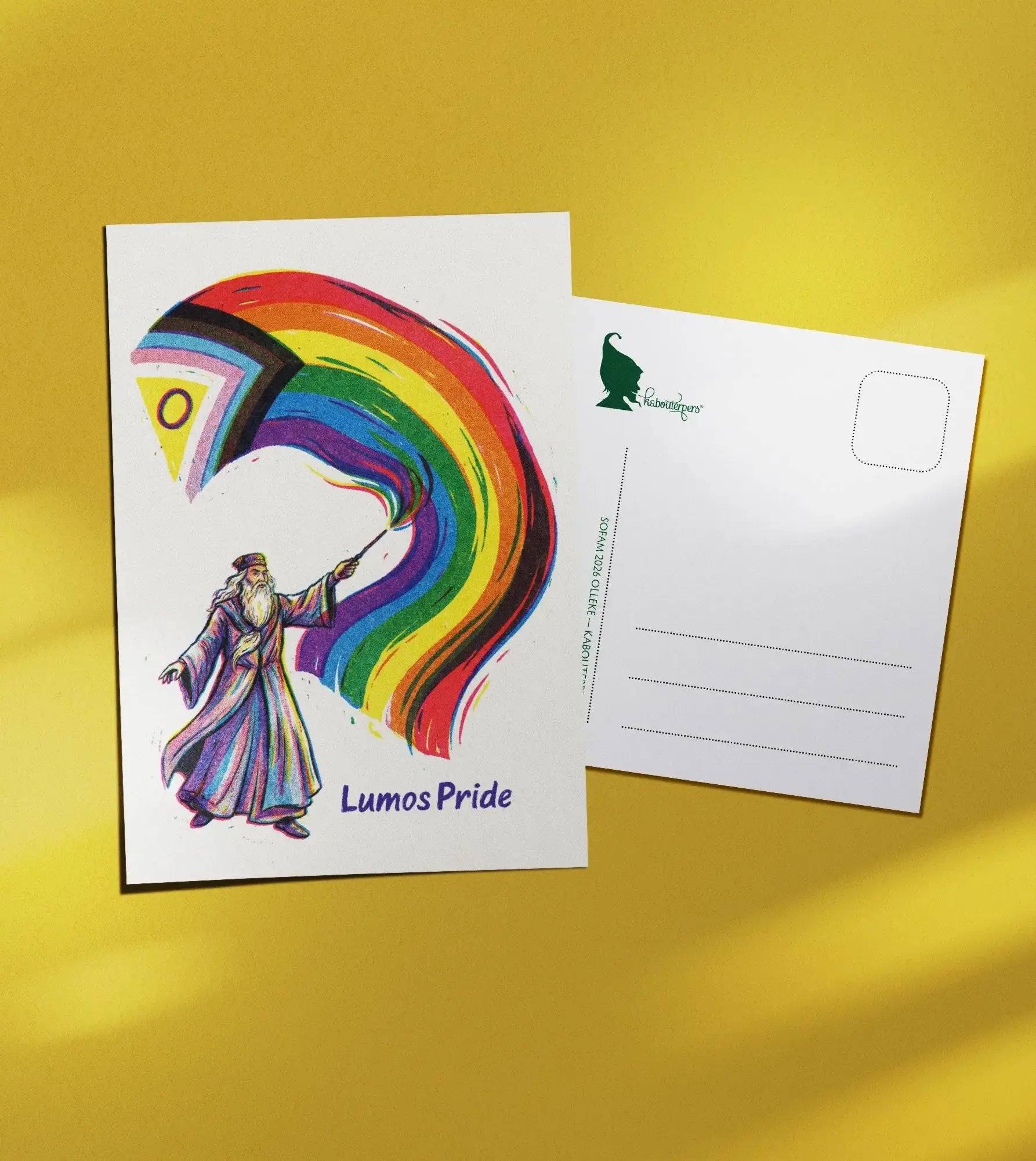 Worldpride postcard Lumos Pride - Olleke Wizarding Shop Amsterdam