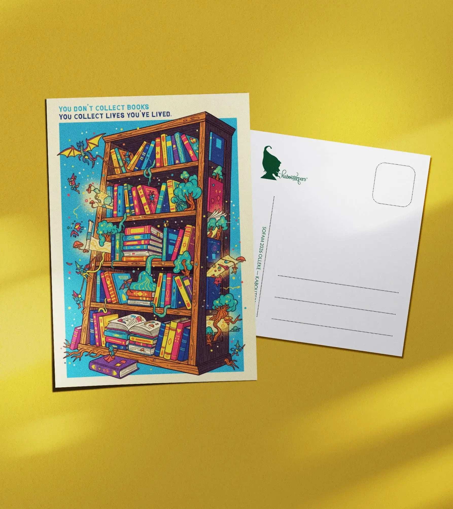 Booklover postcard You don't collect books - Olleke Wizarding Shop Amsterdam