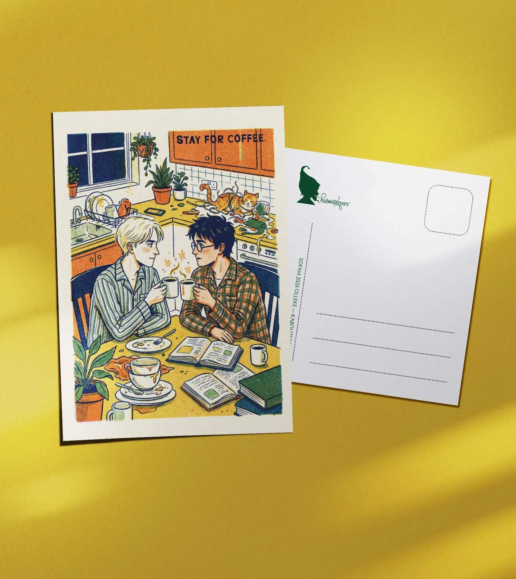Worldpride postcard Stay for coffee - Olleke Wizarding Shop Amsterdam