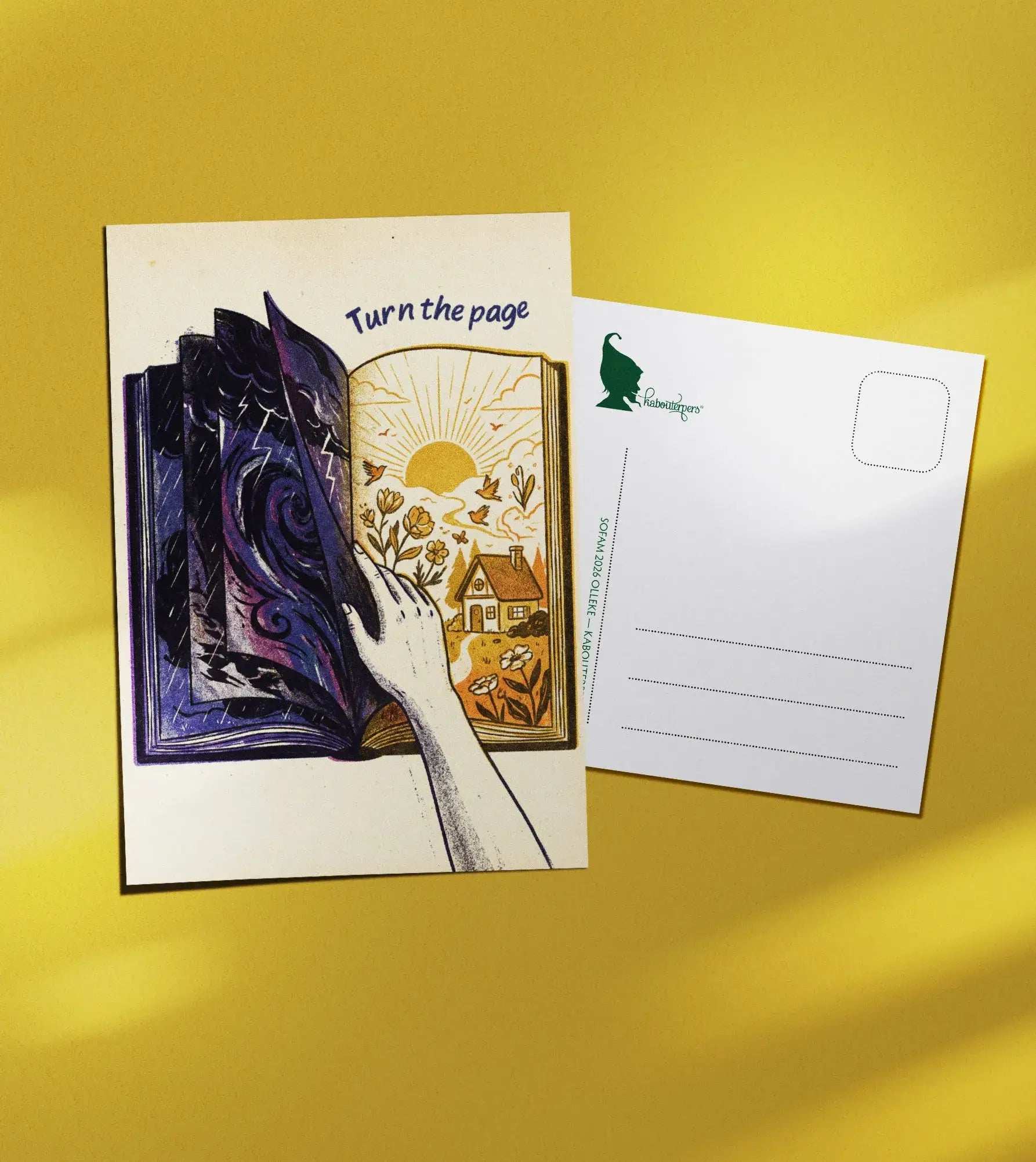 Just Because postcard Turn the page - Olleke Wizarding Shop Amsterdam