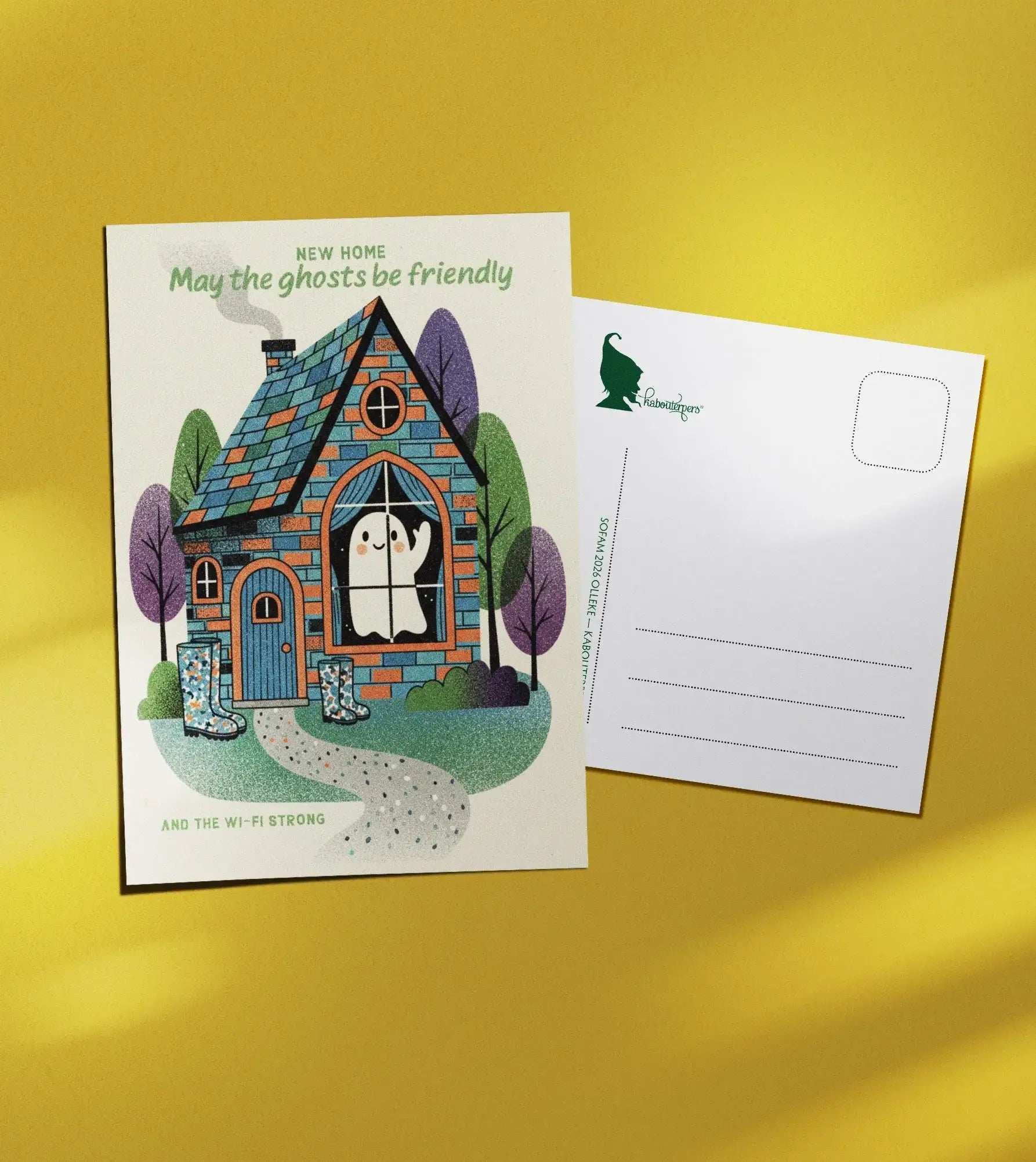 Just Because postcard new home May the ghosts be friendly - Olleke Wizarding Shop Amsterdam