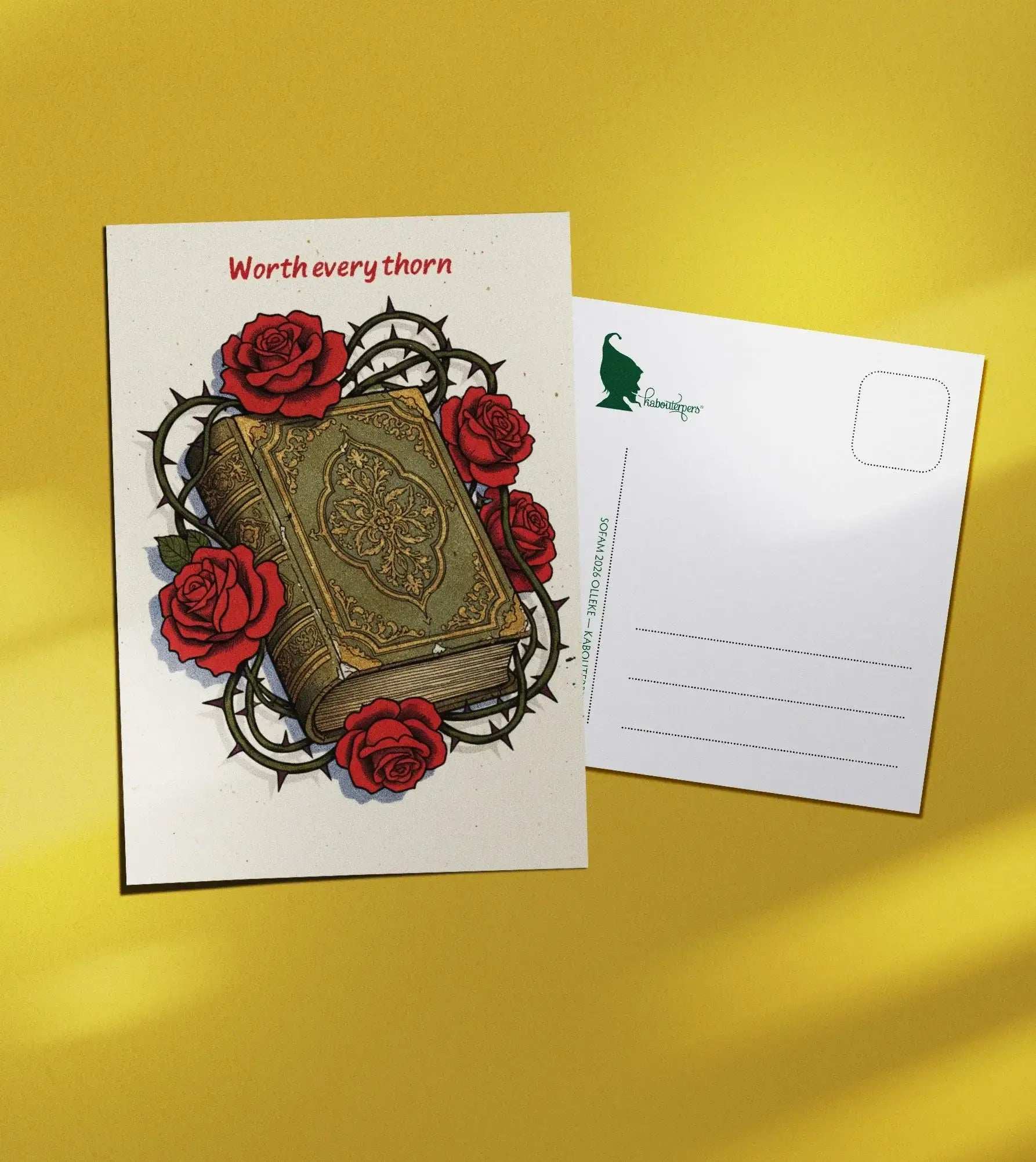 Booklover postcard Worth every thorn - Olleke Wizarding Shop Amsterdam