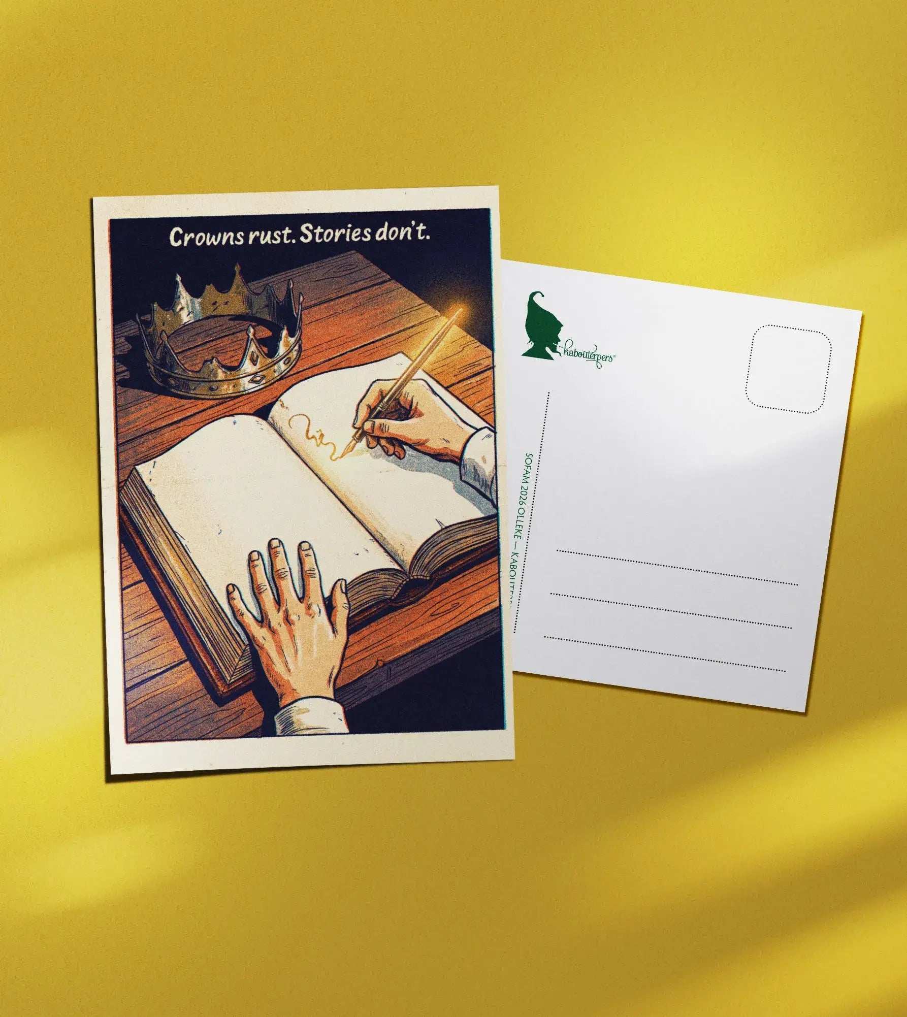 Booklover postcard Crowns rust. Stories don't - Olleke Wizarding Shop Amsterdam