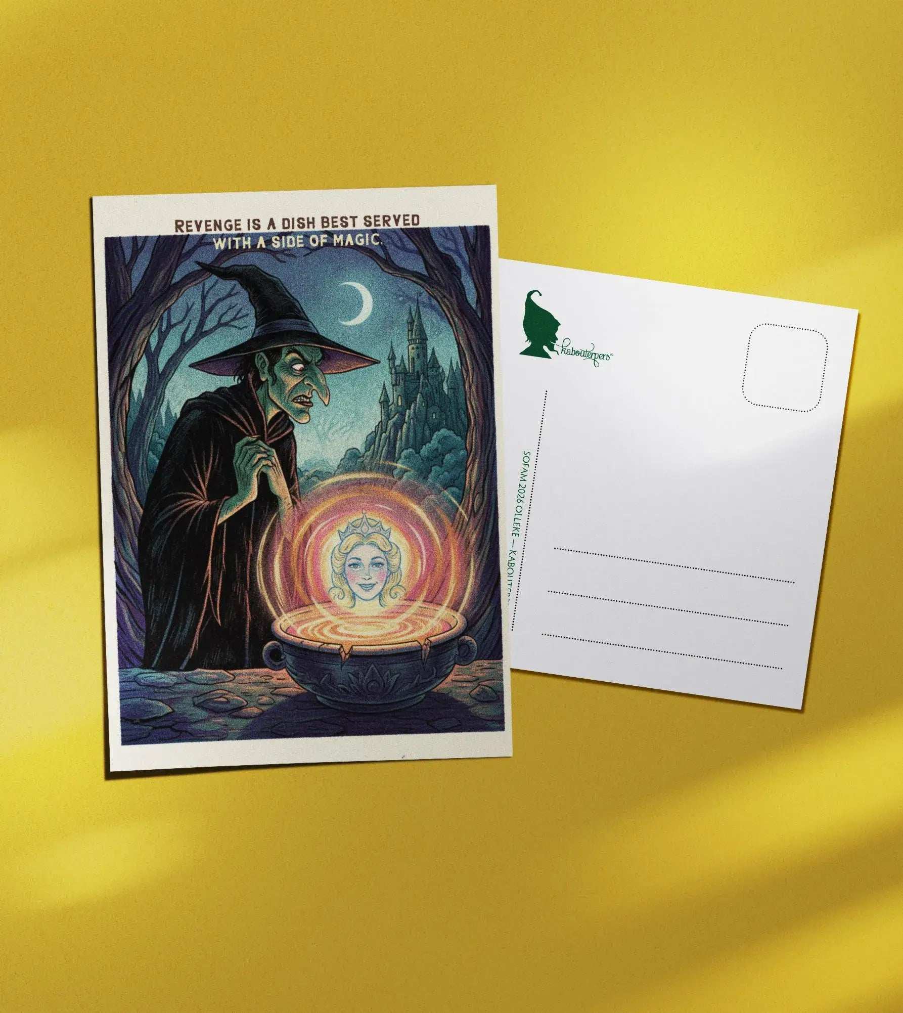 Just Because postcard Revenge is a dish best served with a side of magic. - Olleke Wizarding Shop Amsterdam