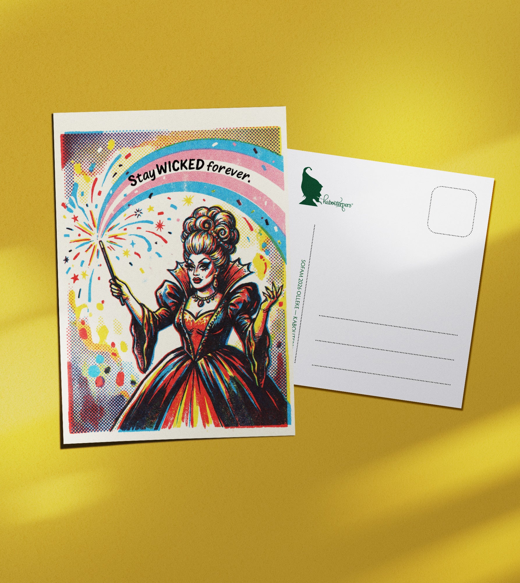 Worldpride postcard Stay WICKED forever - Olleke Wizarding Shop Amsterdam
