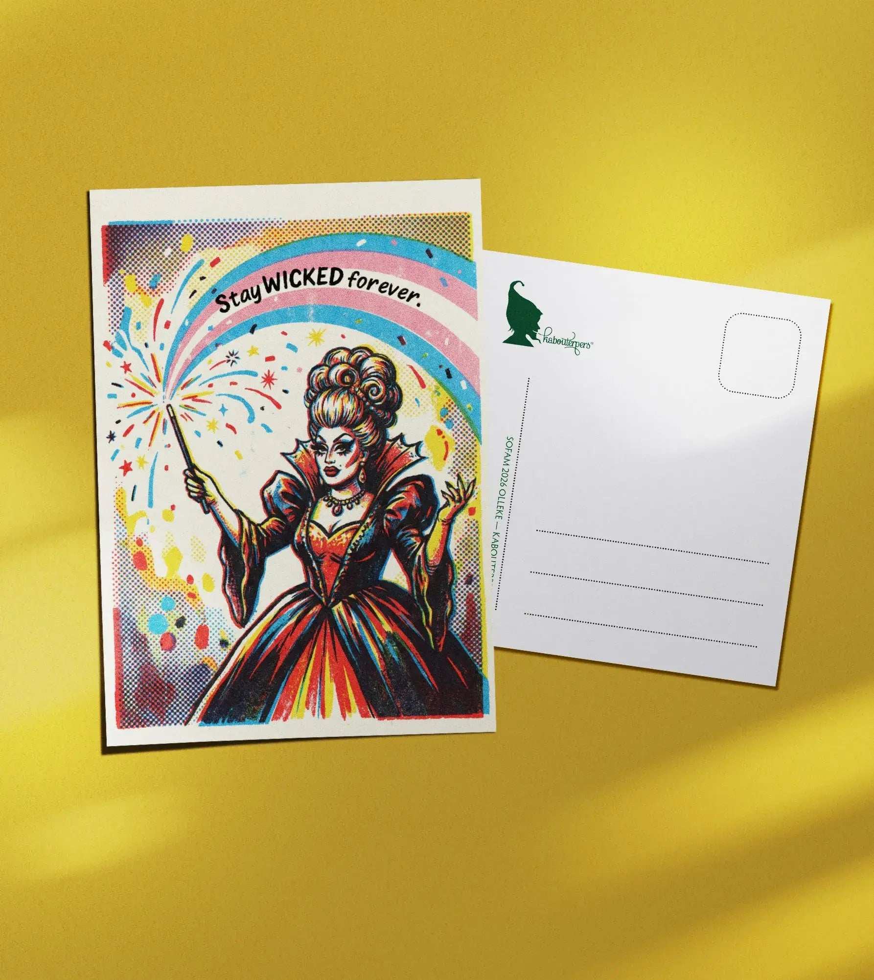 Worldpride postcard Stay WICKED forever - Olleke Wizarding Shop Amsterdam