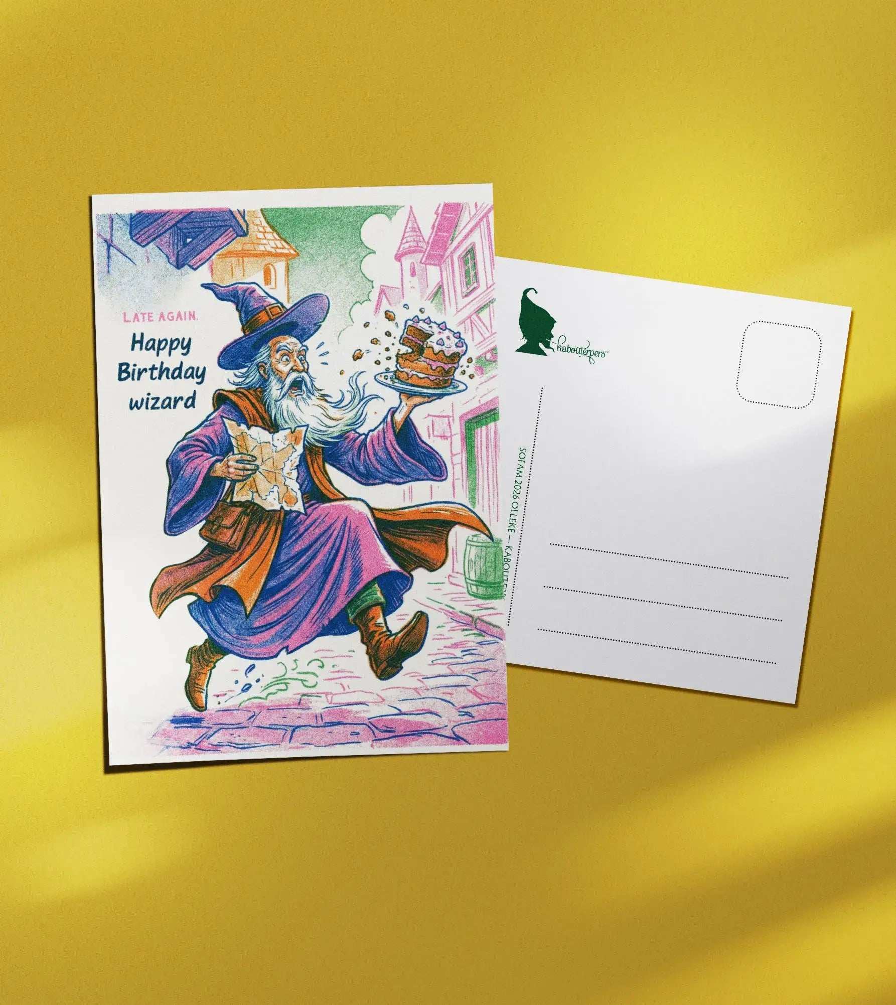 Across Worlds postcard Late again. Happy Birthday wizard - Olleke Wizarding Shop Amsterdam