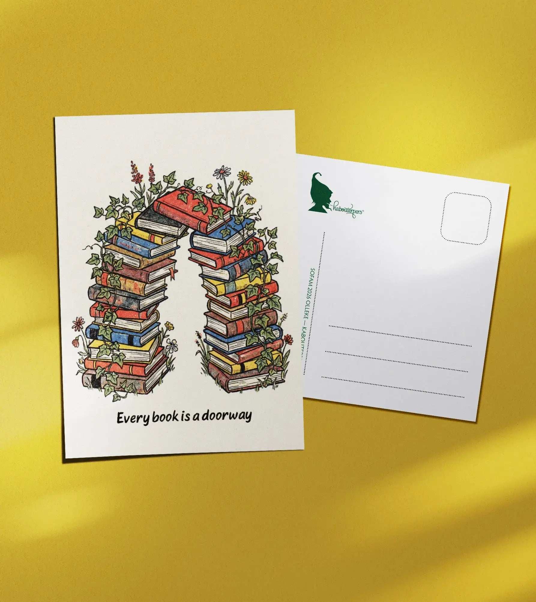 Booklover postcard Every book is a doorway - Olleke Wizarding Shop Amsterdam