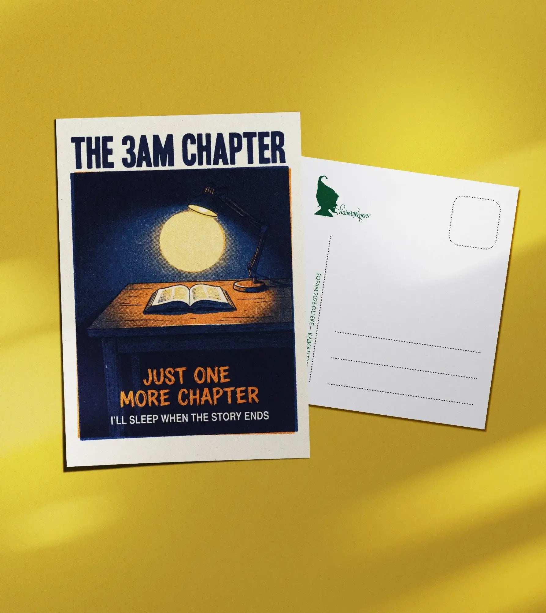 Booklover postcard THE 3AM CHAPTER - Olleke Wizarding Shop Amsterdam
