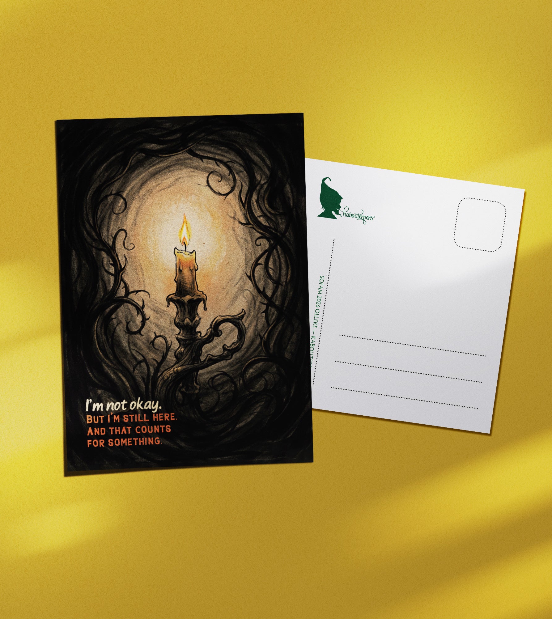 Torn Pages postcard I'm not okay. But I'm still here. And that counts for something. - Olleke Wizarding Shop Amsterdam