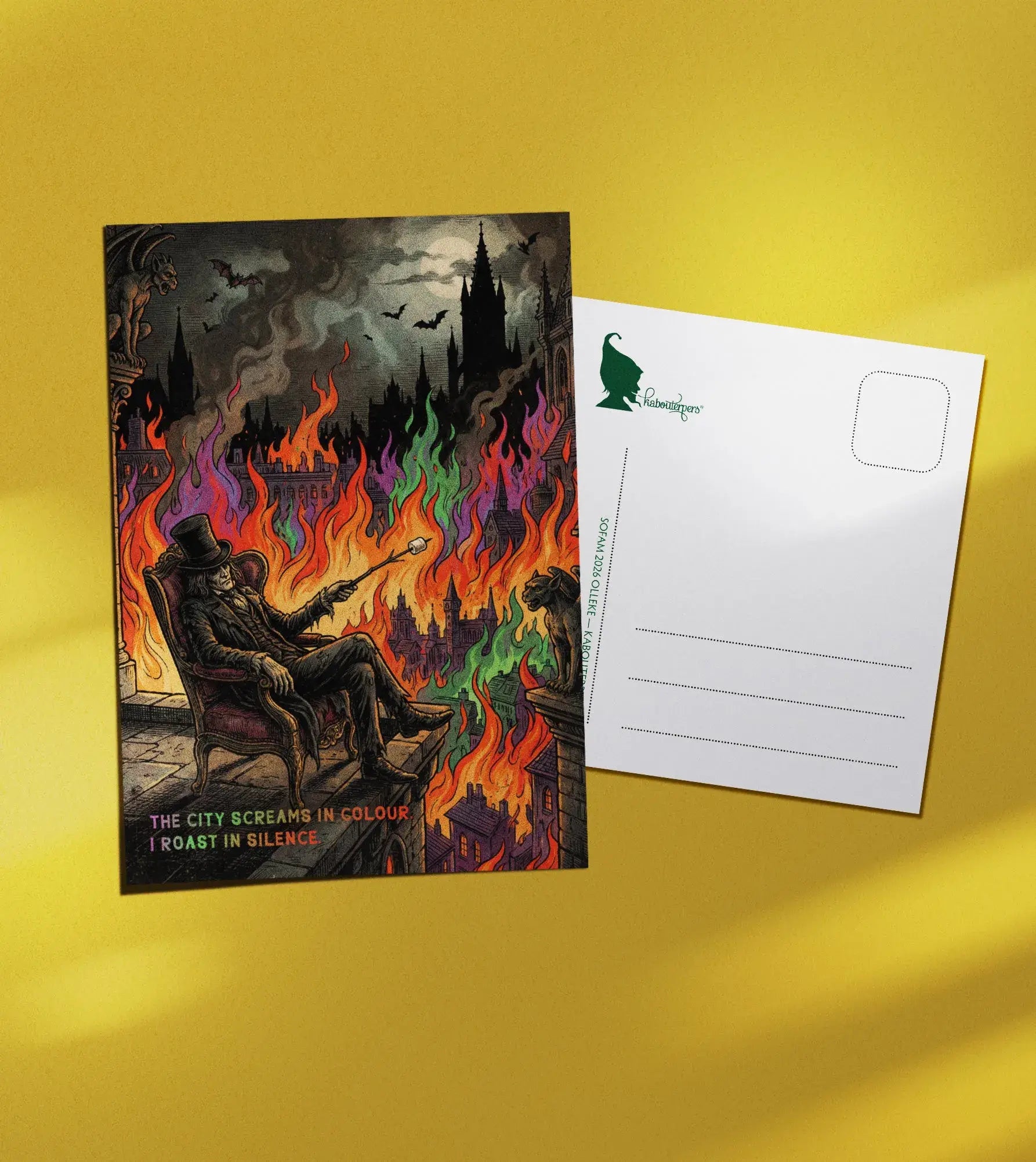 Torn Pages postcard The city screams in colour. I roast in silence - Olleke Wizarding Shop Amsterdam
