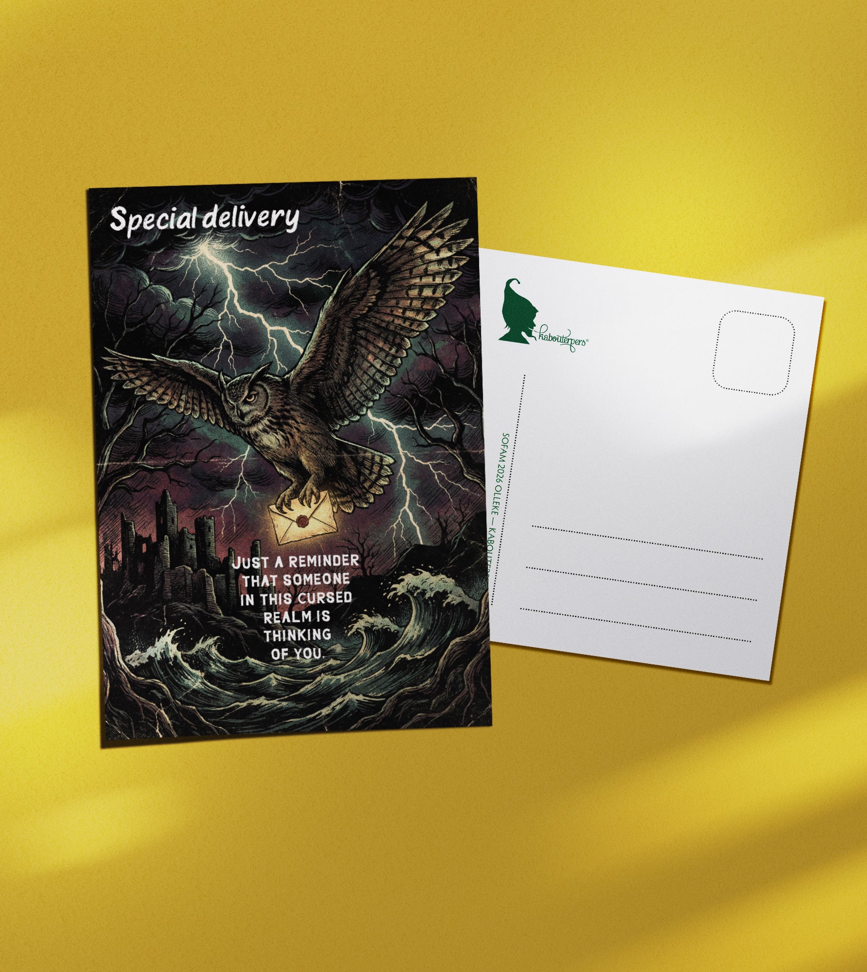 Torn Pages postcard Special delivery - Olleke Wizarding Shop Amsterdam