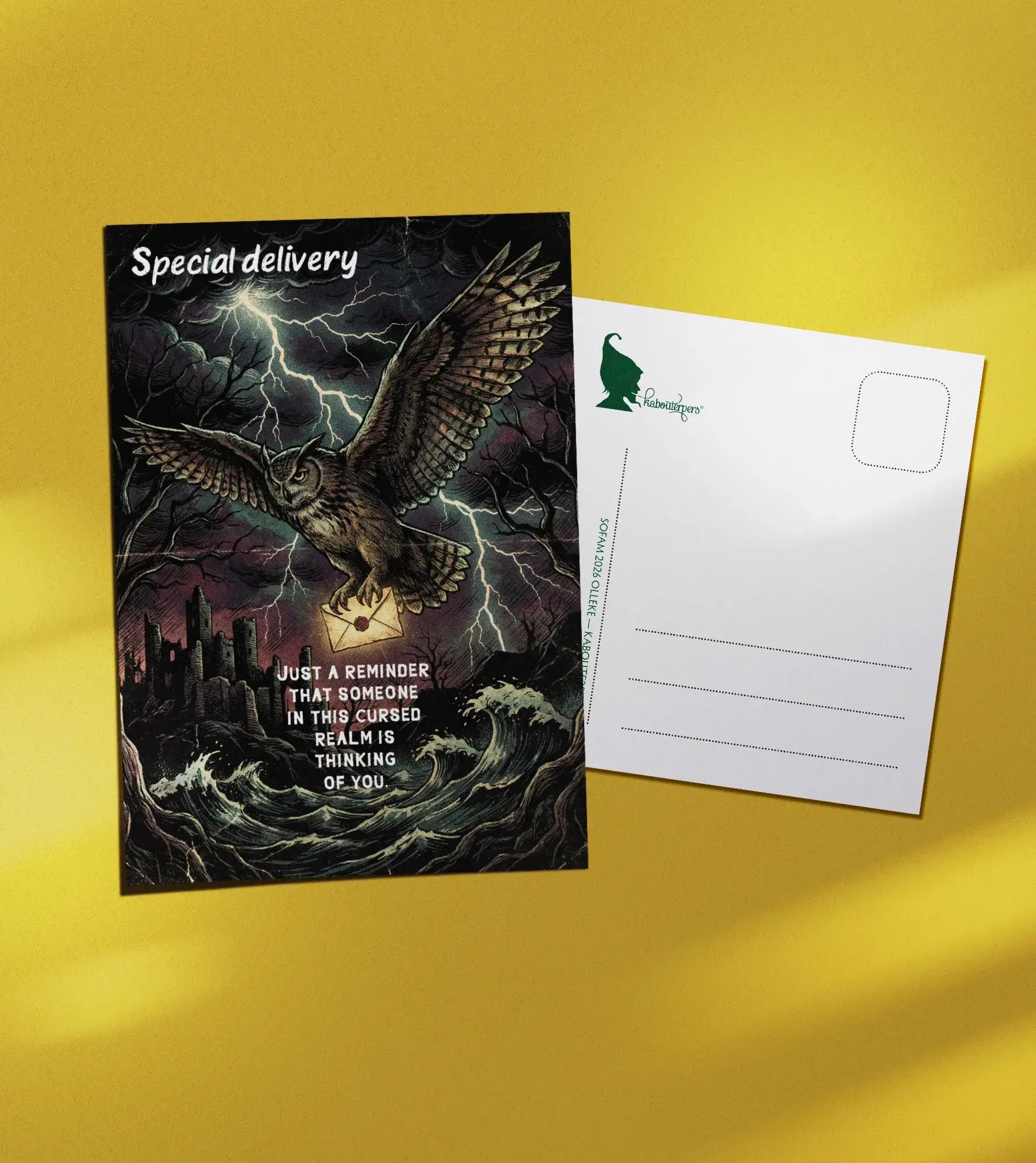 Torn Pages postcard Special delivery - Olleke Wizarding Shop Amsterdam