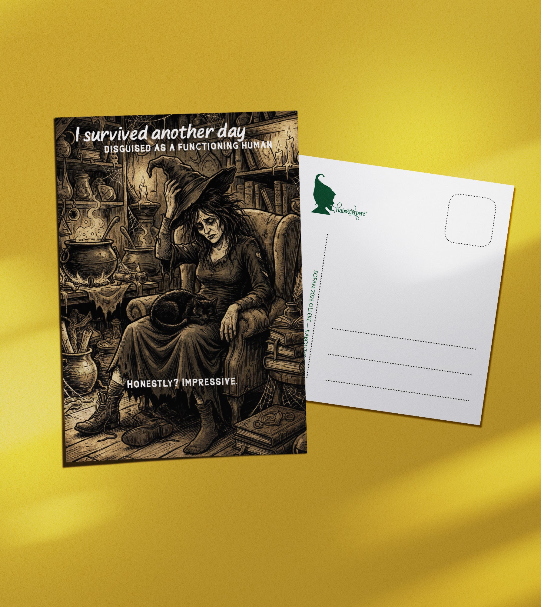 Torn Pages postcard I survived another day disguised as a functioning human - Olleke Wizarding Shop Amsterdam