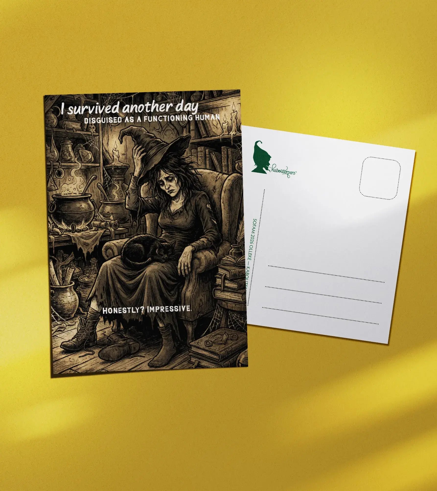 Torn Pages postcard I survived another day disguised as a functioning human - Olleke Wizarding Shop Amsterdam