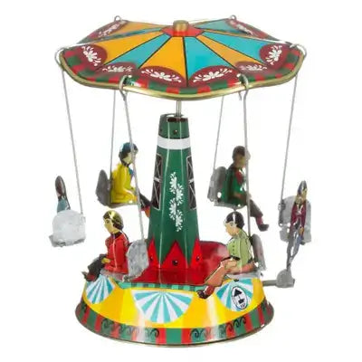 Metal toy carrousel by Olleke featuring colorful rotating horses and detailed craftsmanship, perfect for children's play and decor.