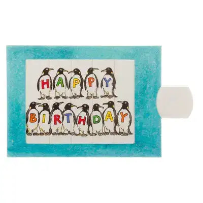 Happy Birthday Pinguins slide card from Kabouterpers, featuring colorful penguins and festive birthday design, ideal for greeting cards.