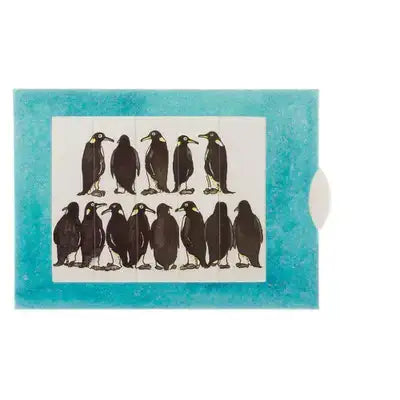 Colorful Happy Birthday Pinguins slide card from Kabouterpers stationery featuring cute penguin illustrations.
