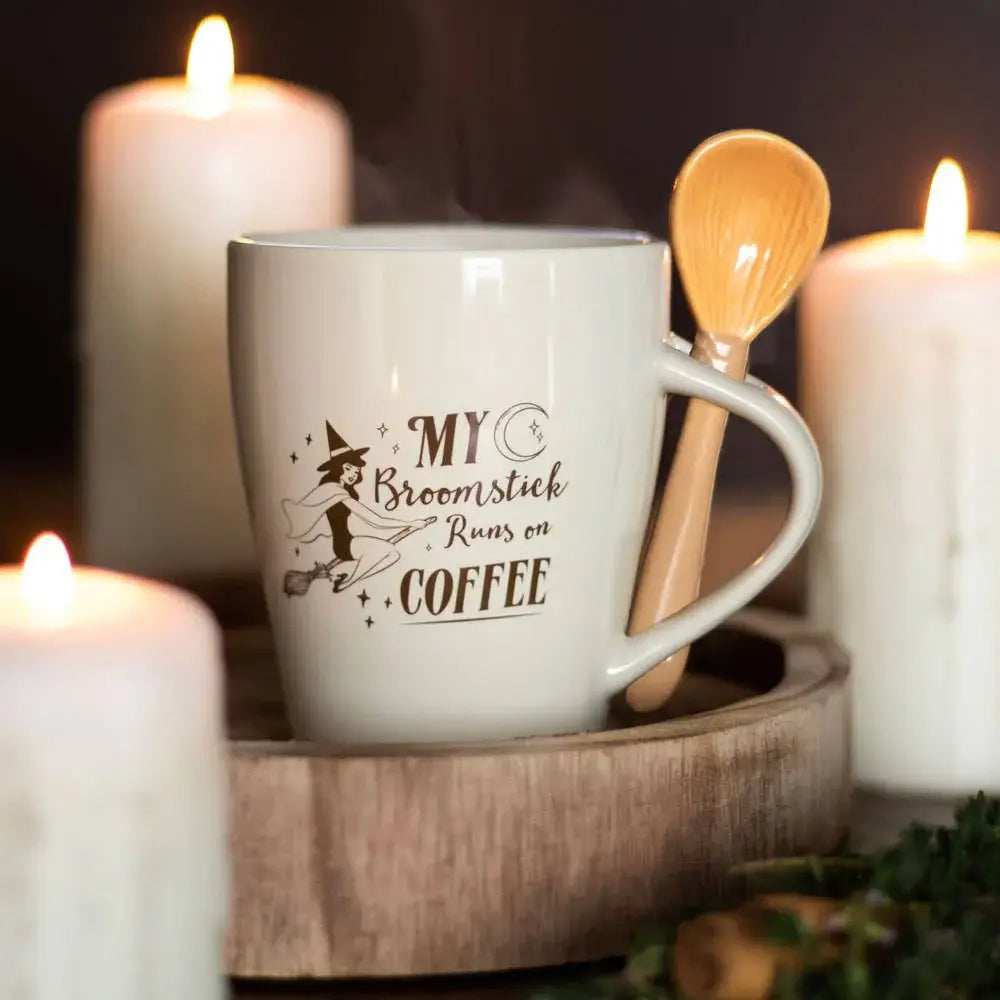 My Broomstick Runs on Coffee Mug and Spoon Set - Olleke Wizarding Shop Amsterdam