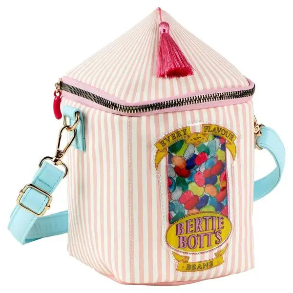 Cerdà Bertie Botts Candy Satchel with colorful jelly beans spilling out, featuring a bright and playful design.