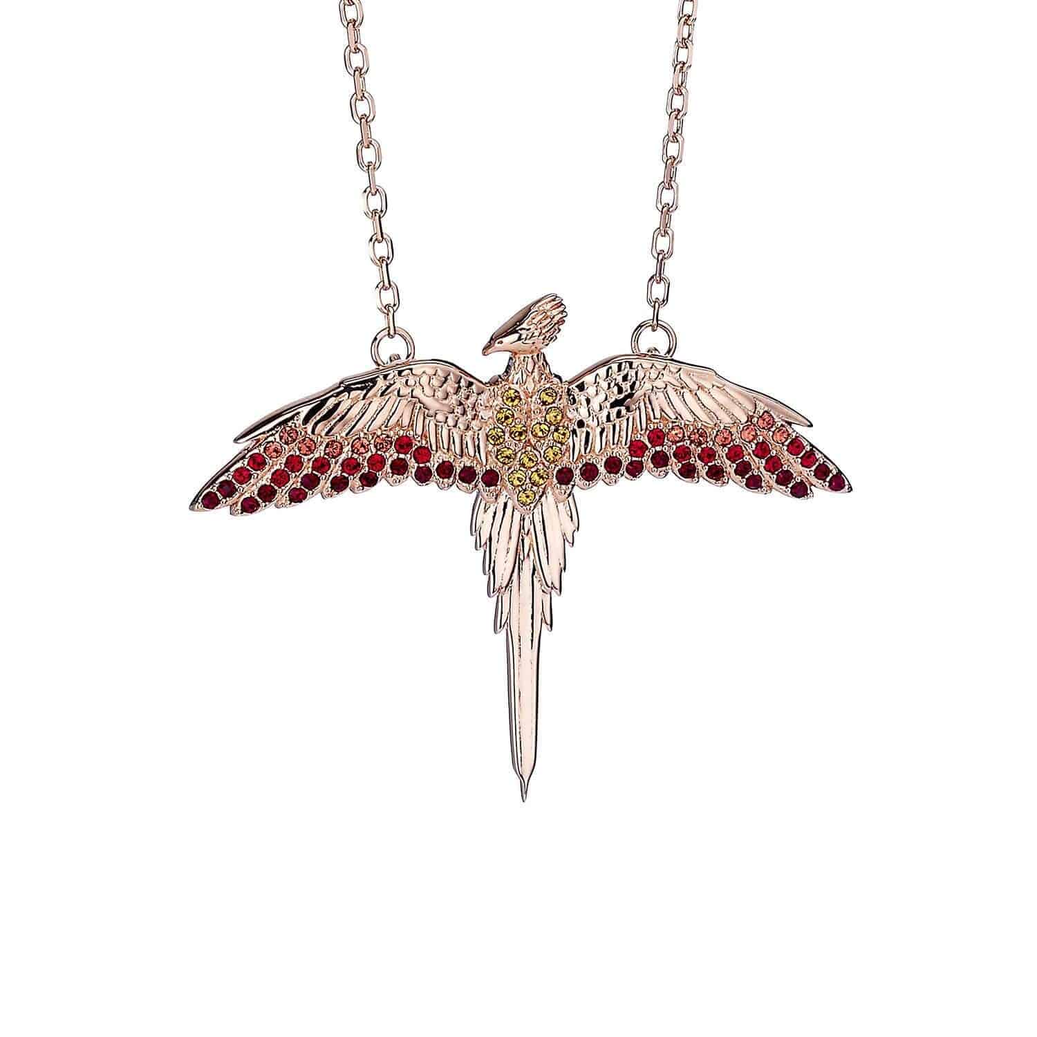 Harry Potter Sterling Silver Rose Gold Plated Fawkes Necklace Embellished with Crystals - Olleke Wizarding Shop Amsterdam Brugge London