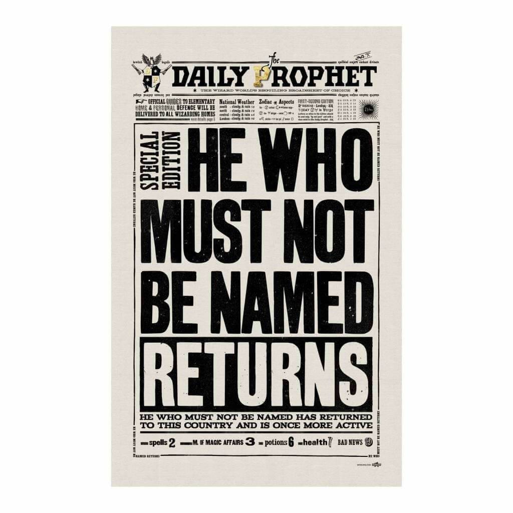 The Daily Prophet He Who Must Not Be Named Returns Tea Towel - Olleke Wizarding Shop Amsterdam Brugge London