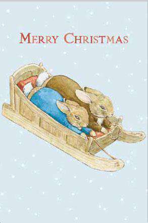 Peter Rabbit Card: Peter and Benjamin Sledging Merry Christmas - Olleke Wizarding Shop Amsterdam Brugge London