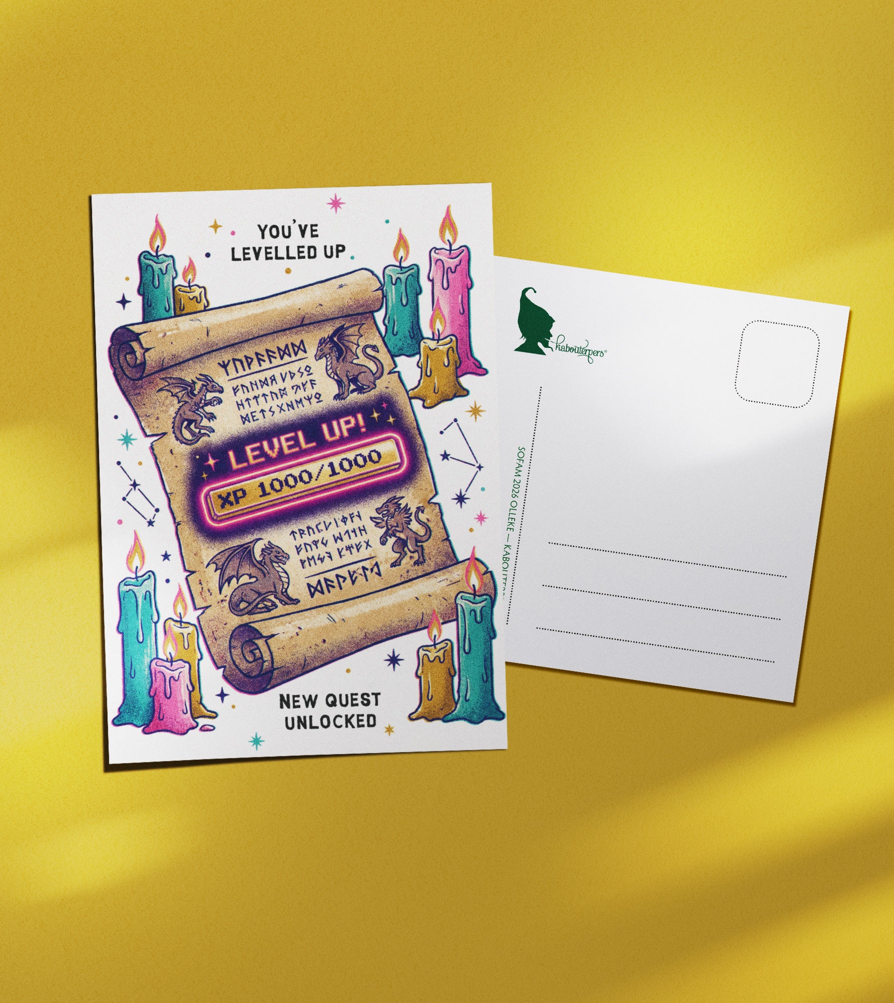 Just Because postcard You've levelled up - Olleke Wizarding Shop Amsterdam