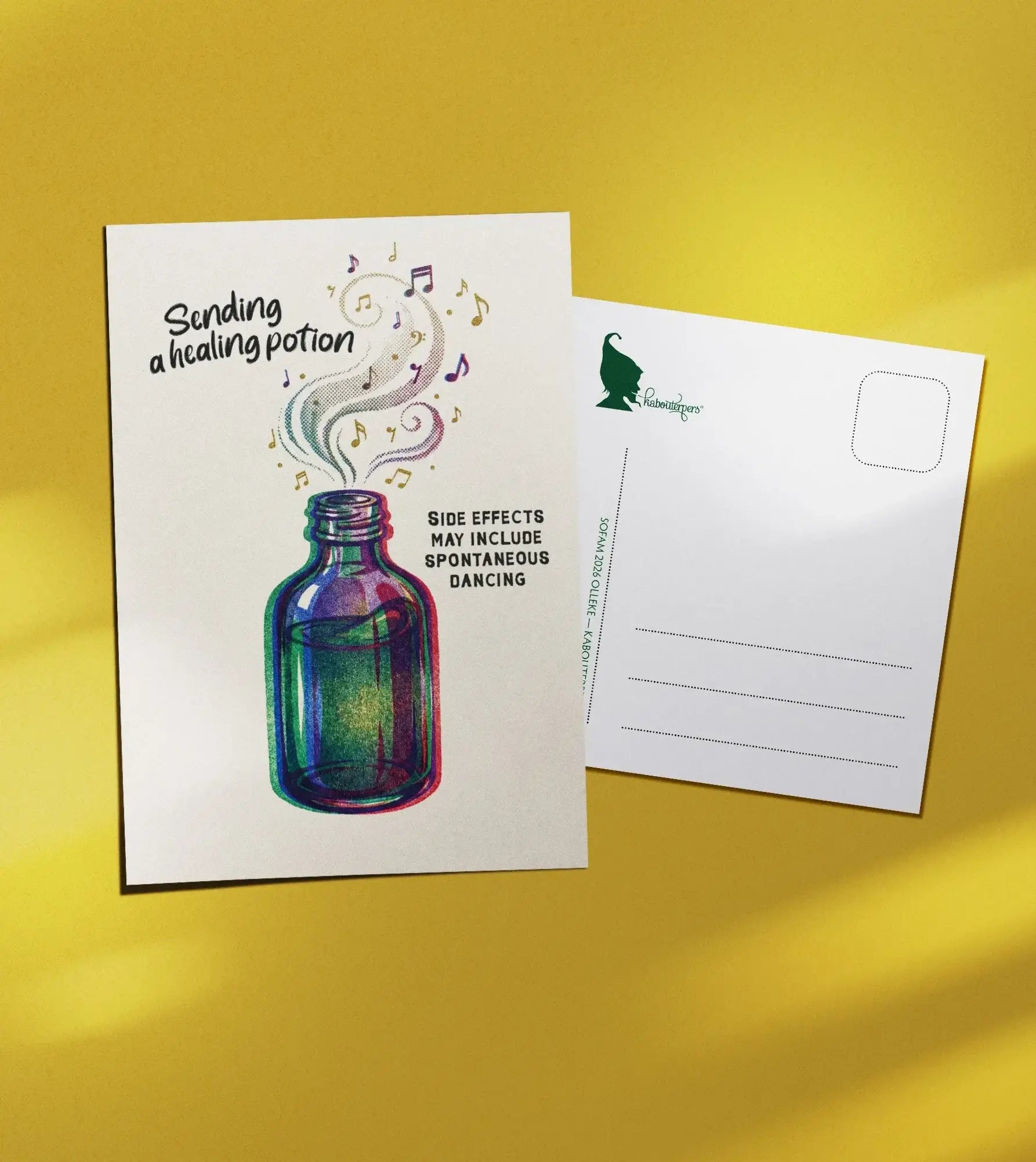 Just Because postcard Sending a healing potion - Olleke Wizarding Shop Amsterdam
