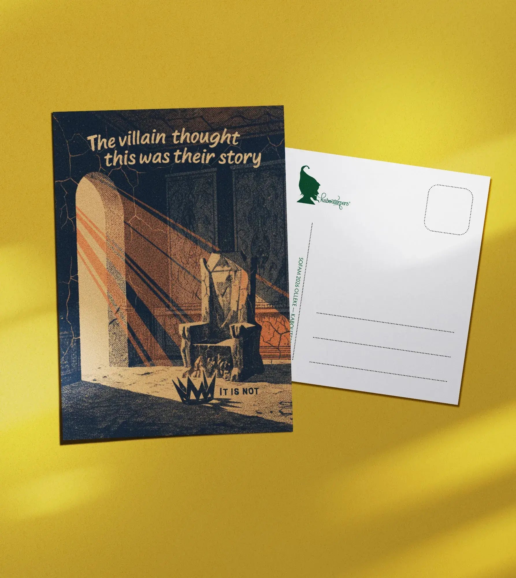 Booklover postcard The villain thought this was their story - Olleke Wizarding Shop Amsterdam