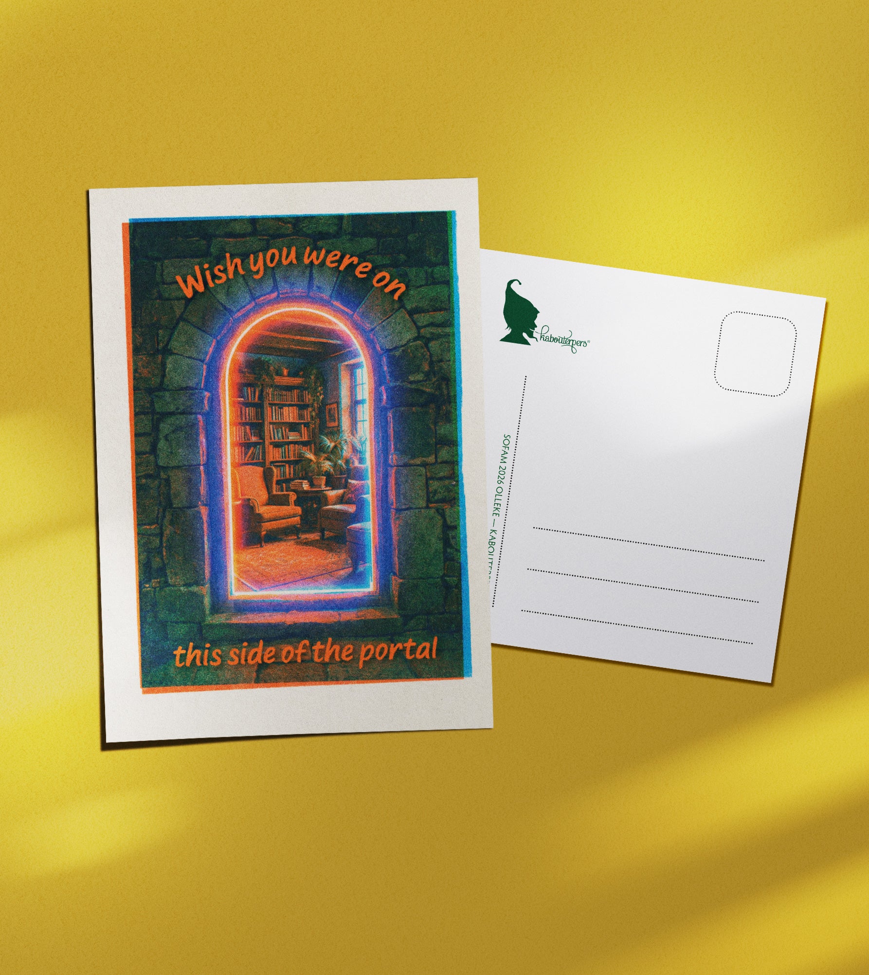 Just Because postcard Wish you were on this side of the portal - Olleke Wizarding Shop Amsterdam