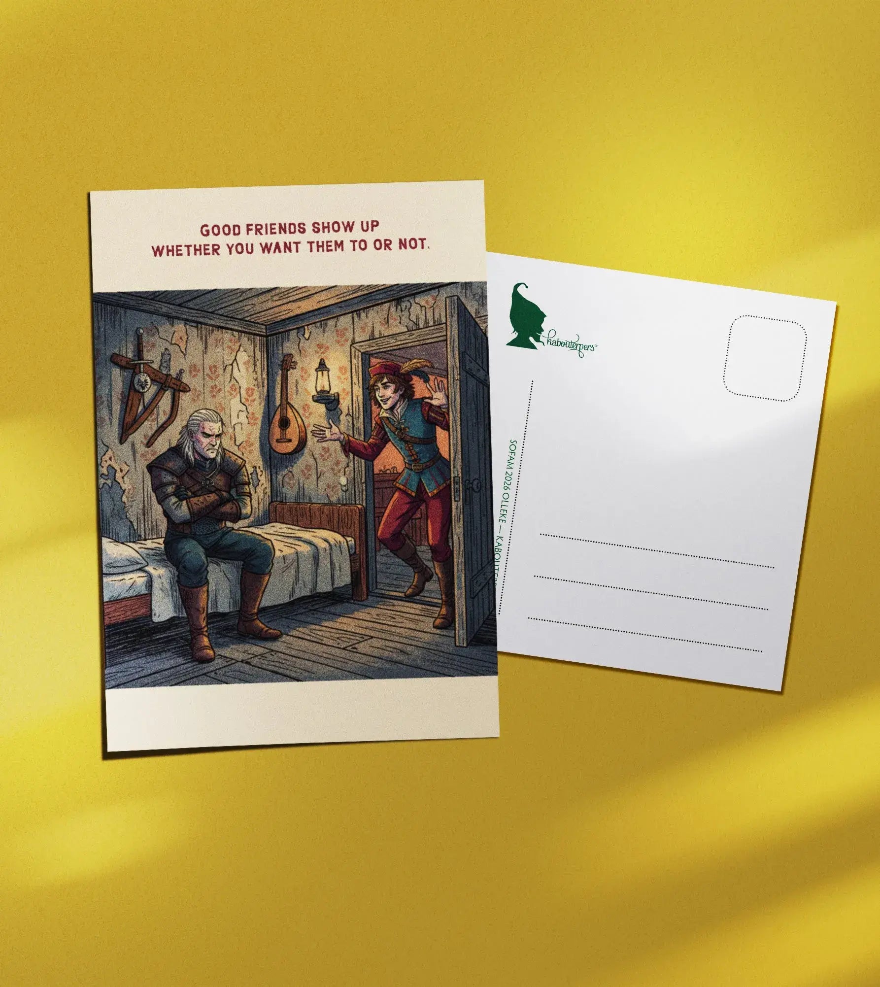 Across Worlds postcard Good friends show up whether you want them to or not - Olleke Wizarding Shop Amsterdam