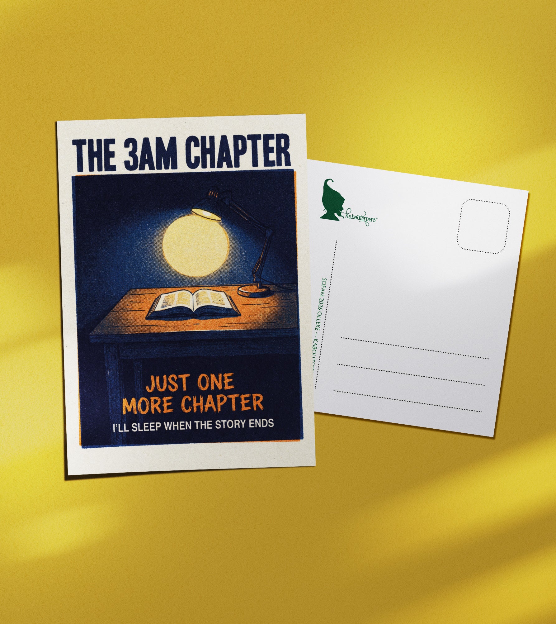 Booklover postcard THE 3AM CHAPTER - Olleke Wizarding Shop Amsterdam