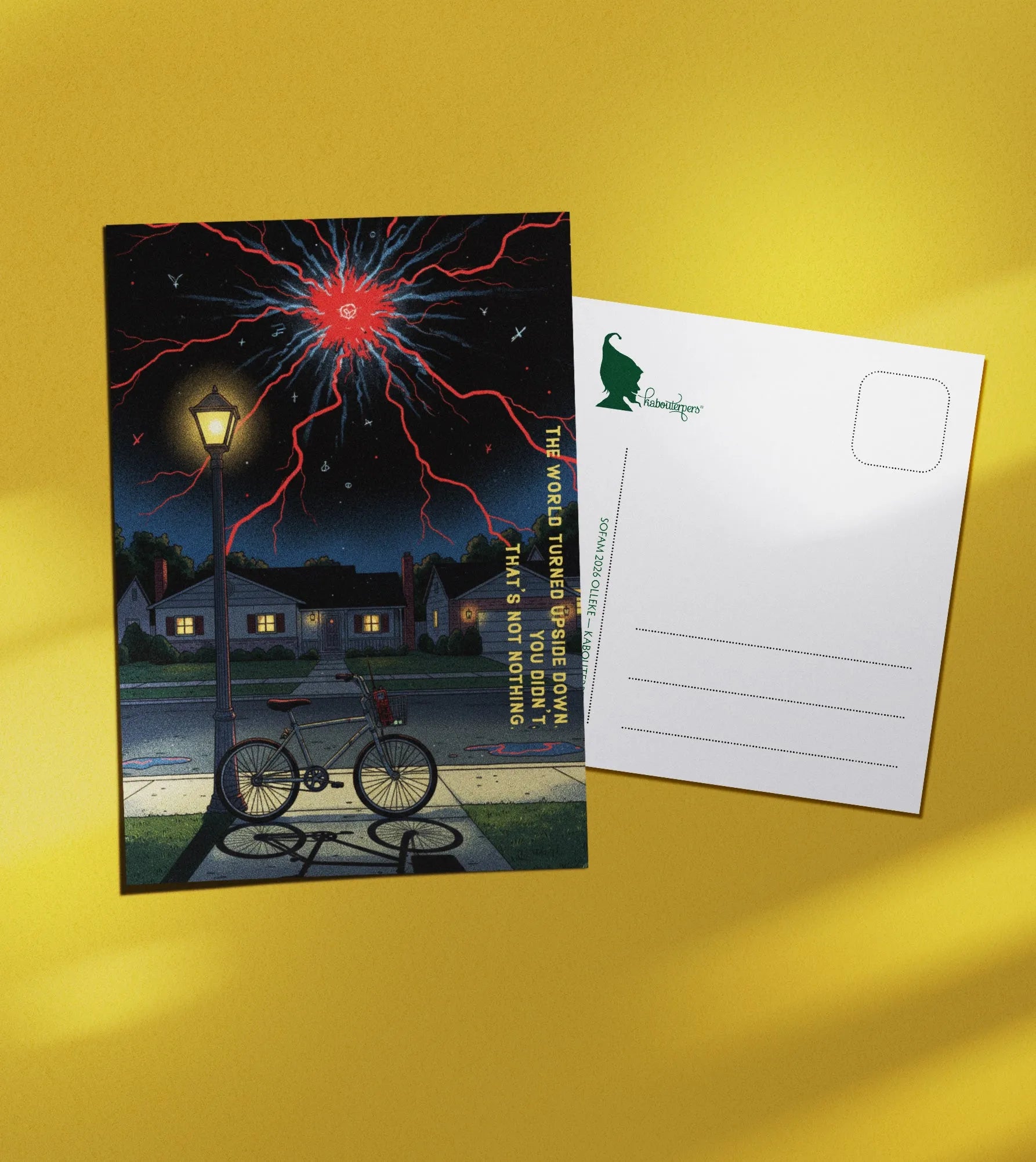 Across Worlds postcard The world turned upside down. You didn't. That's not nothing - Olleke Wizarding Shop Amsterdam