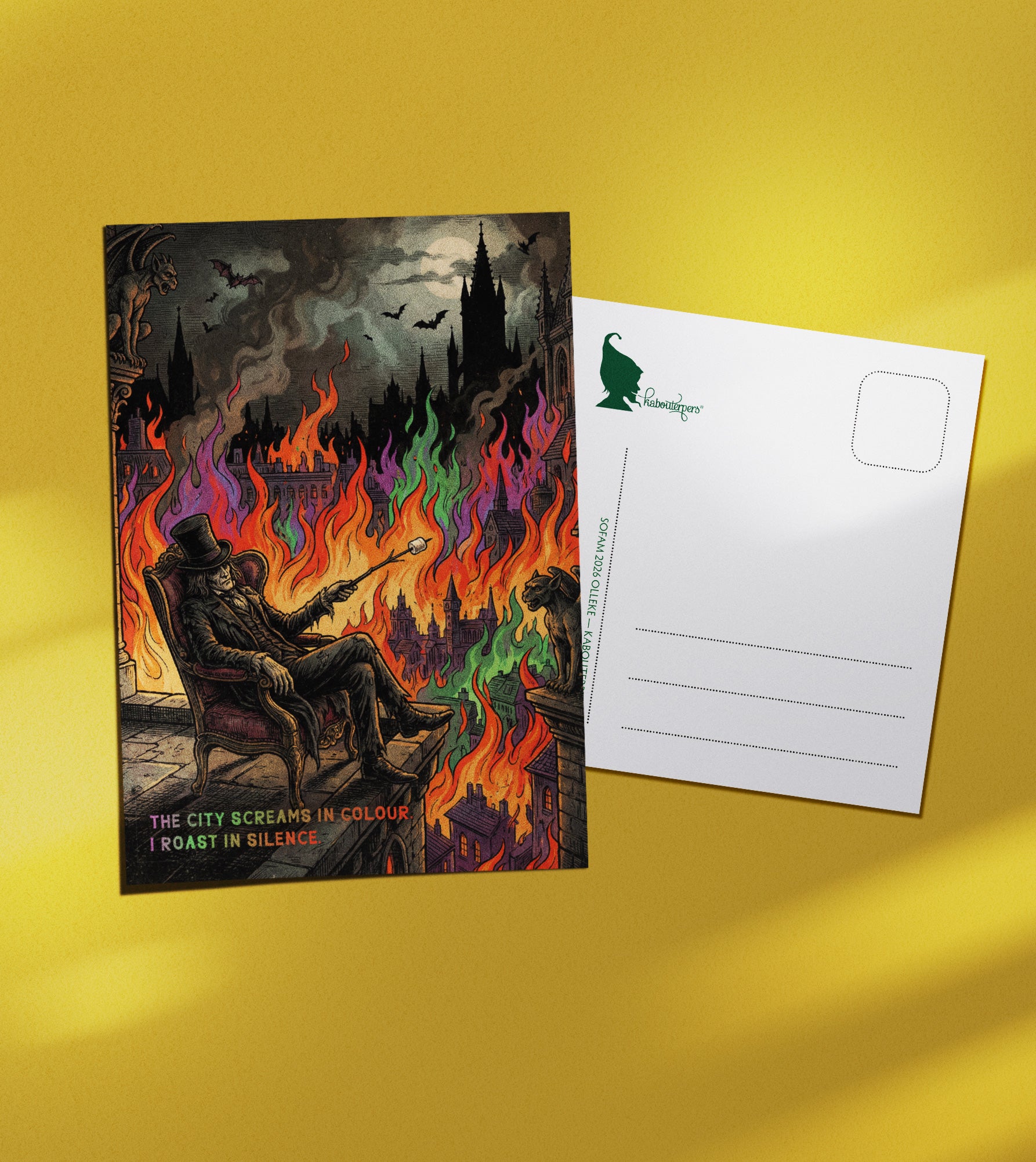 Torn Pages postcard The city screams in colour. I roast in silence - Olleke Wizarding Shop Amsterdam