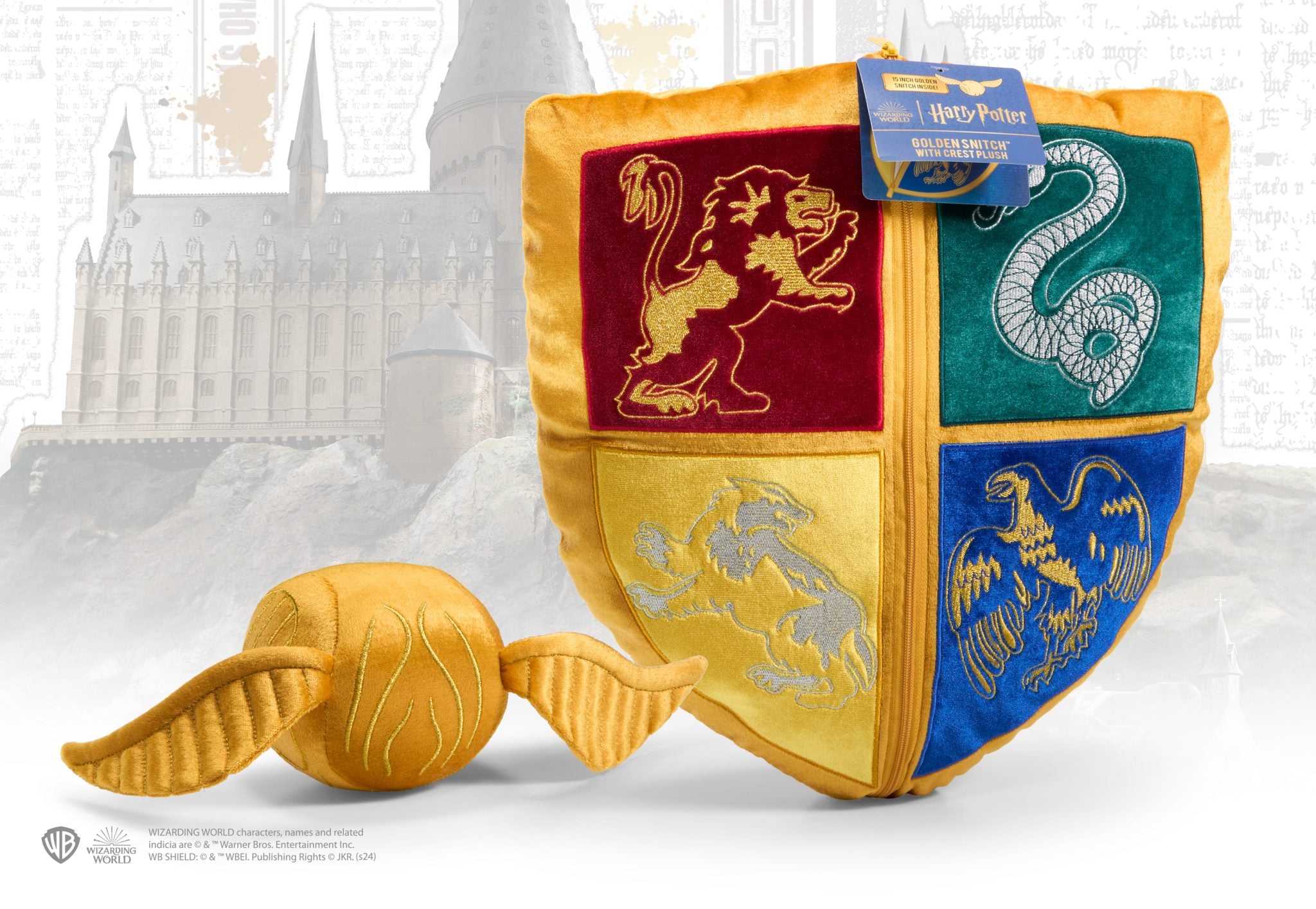 Coussin en peluche avec écusson et vif d'or de Quidditch