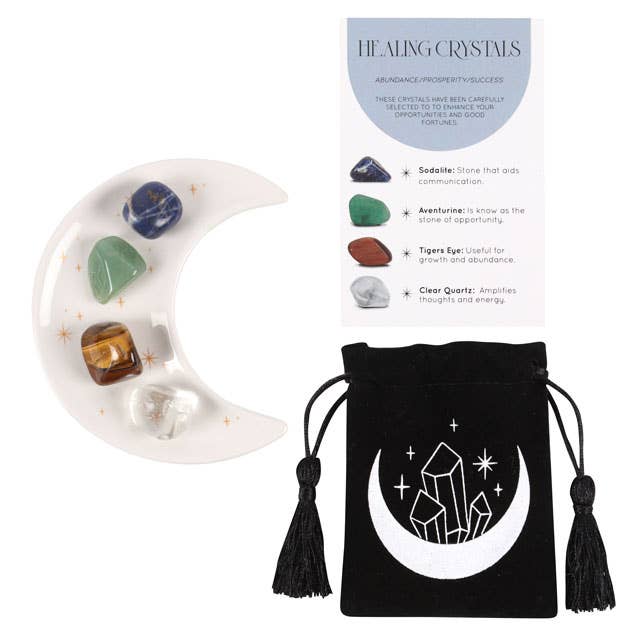 Coffret de cristaux de guérison avec coupelle à bijoux en forme de lune