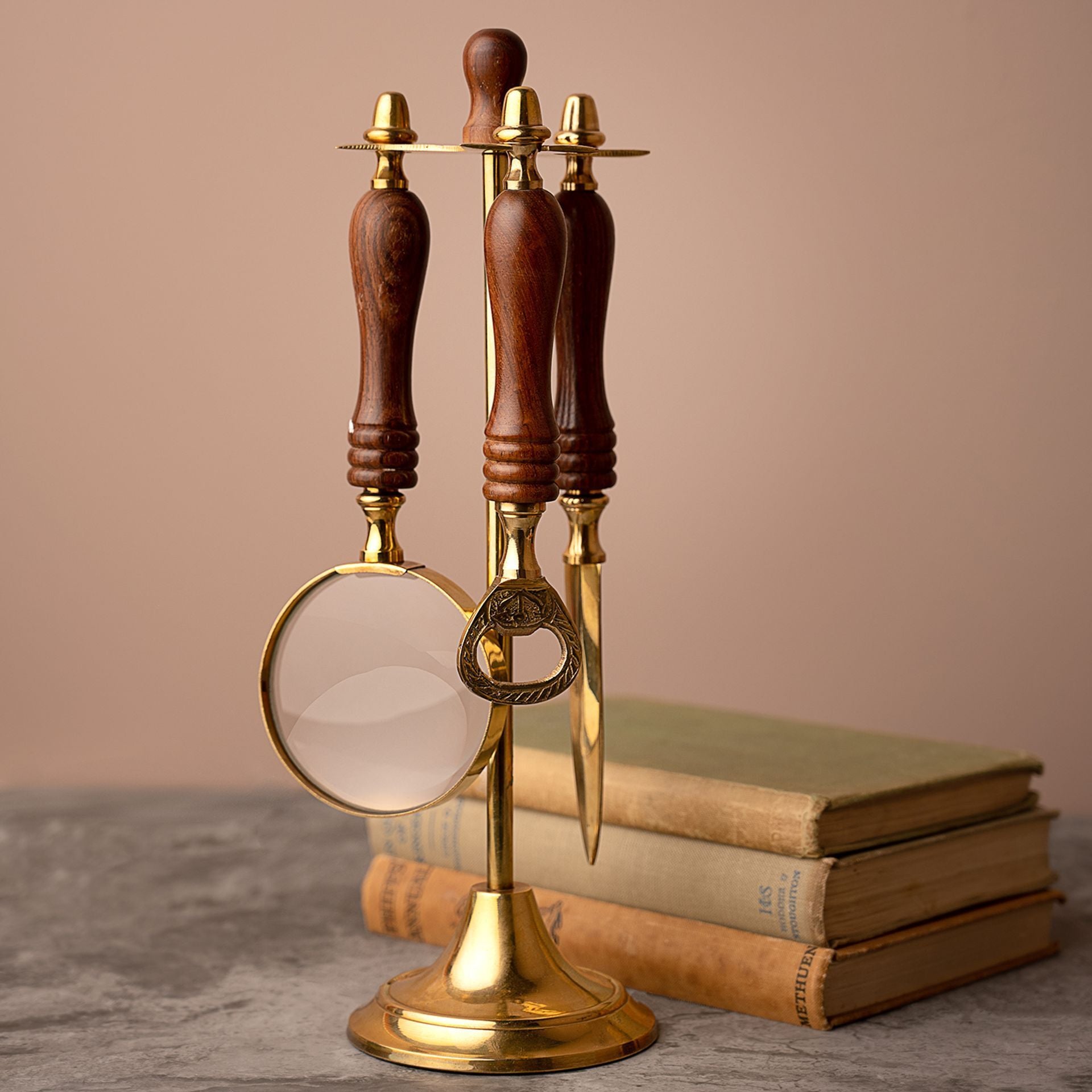 Magnifying Glass, Letter Opener & Bottle Opener Set on Stand