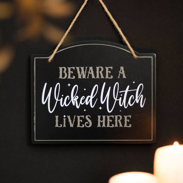 Beware A Wicked Witch Lives Here Hanging Halloween Sign