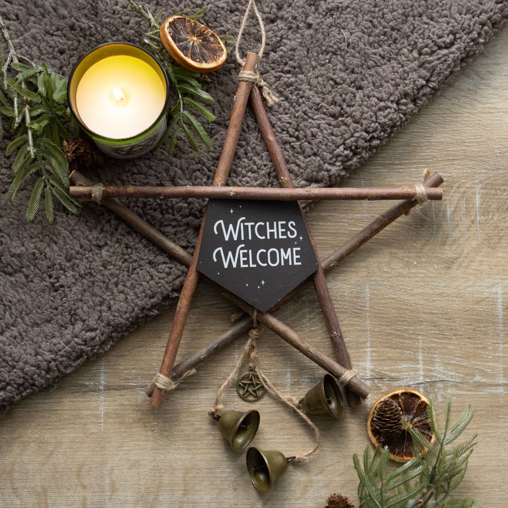 Witches Welcome Willow Pentagram Sign with Witch Bells